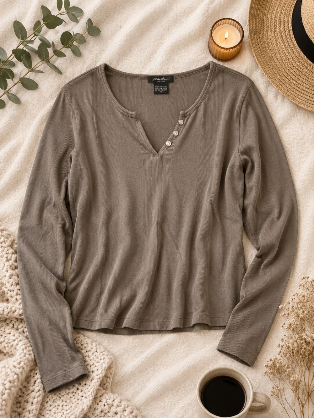 Eddie Bauer Olive Long-Sleeve V-Notch Henley
